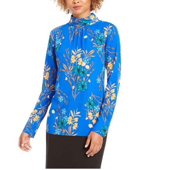 Calvin Klein Women's Floral Print Mock Neck Top Blue Size Large - Picture 1 of 3